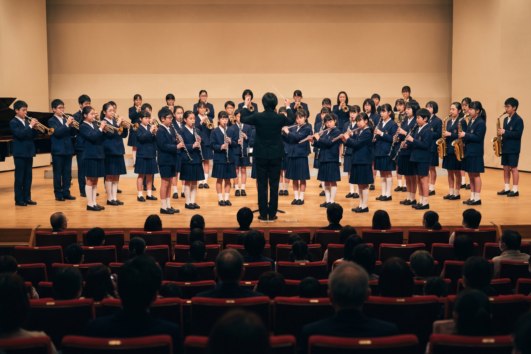 ホールのステージで演奏する吹奏楽発表会の全景